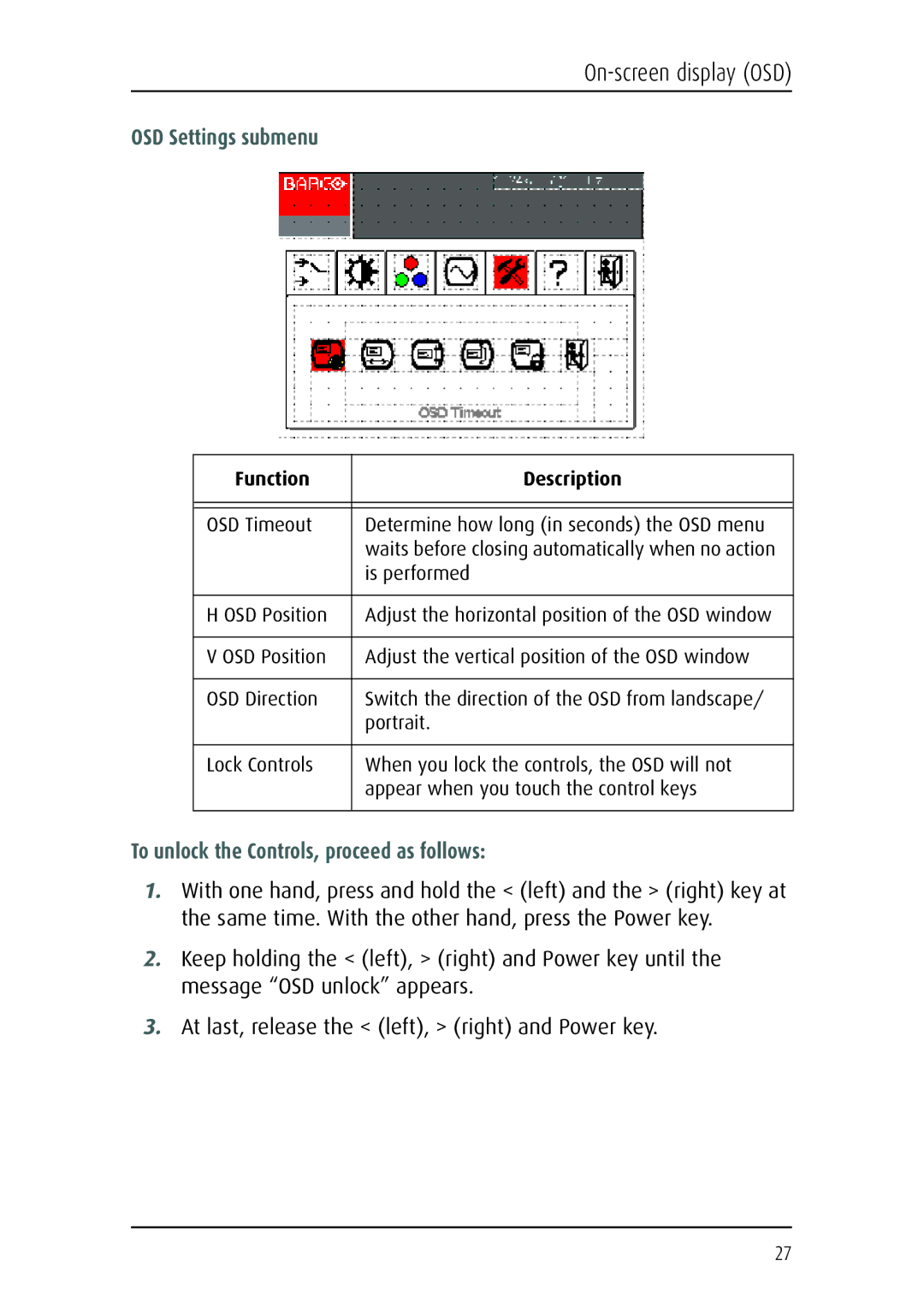 Barco MFCD 1219 (TS) user manual OSD Settings submenu, To unlock the Controls, proceed as follows 