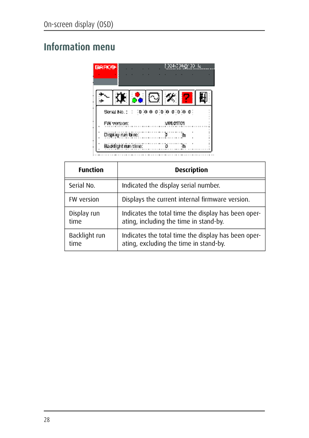 Barco MFCD 1219 (TS) user manual Information menu 