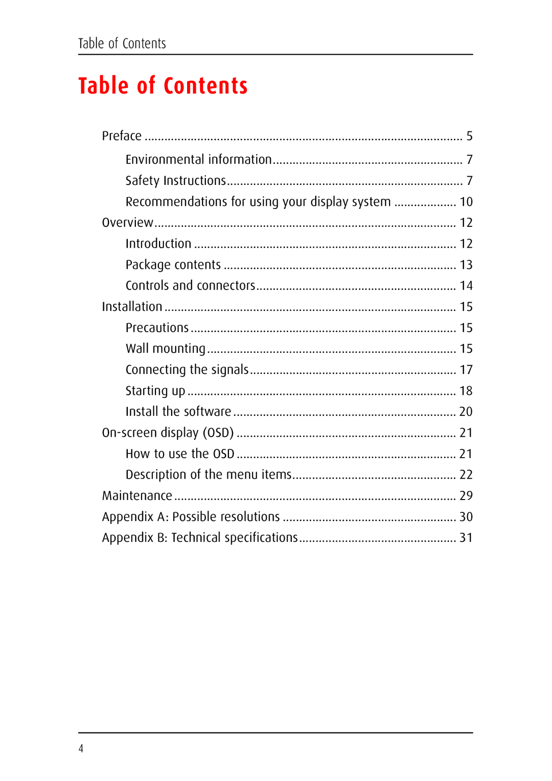 Barco MFCD 1219 (TS) user manual Table of Contents 