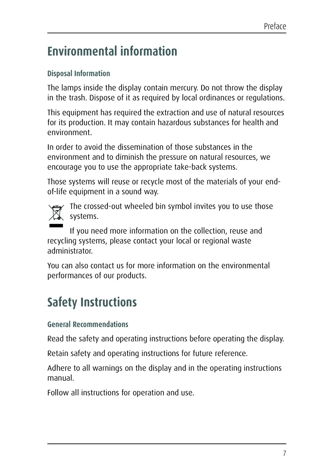 Barco MFCD 1219 (TS) Environmental information, Safety Instructions, Disposal Information, General Recommendations 