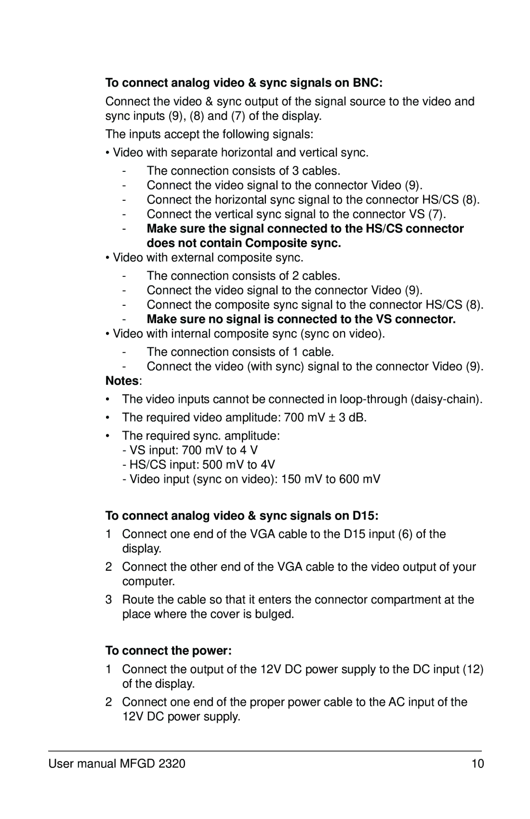 Barco MFGD 2320 user manual To connect analog video & sync signals on BNC 