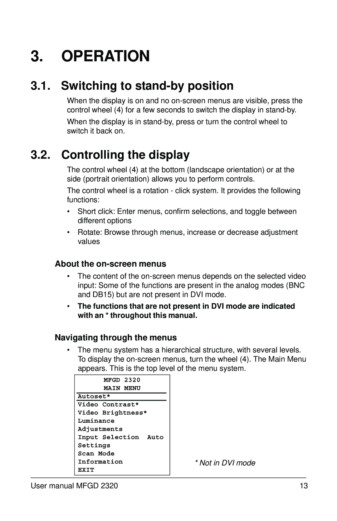 Barco MFGD 2320 user manual Operation, Switching to stand-by position, Controlling the display, About the on-screen menus 