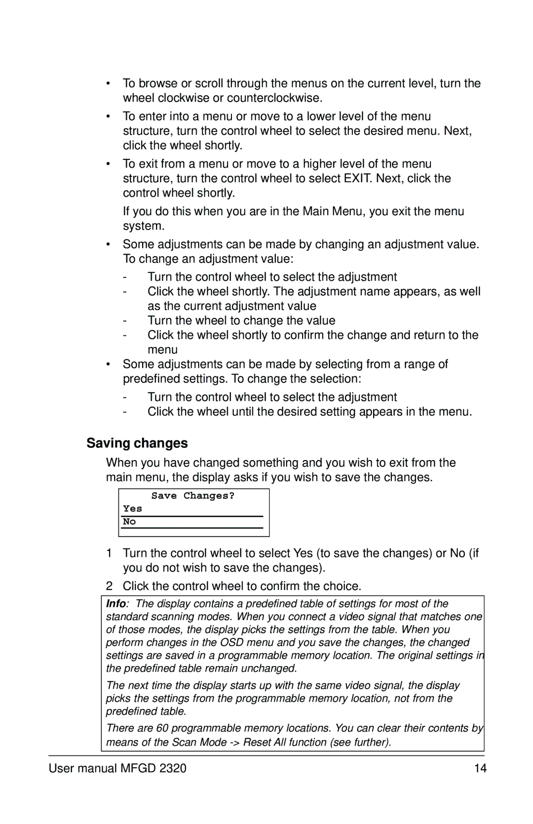 Barco MFGD 2320 user manual Saving changes 