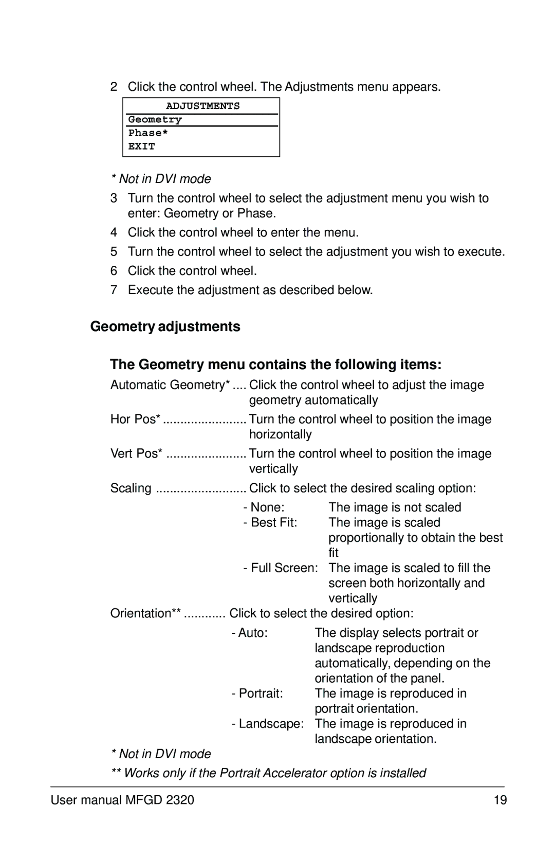 Barco MFGD 2320 user manual Click the control wheel. The Adjustments menu appears 