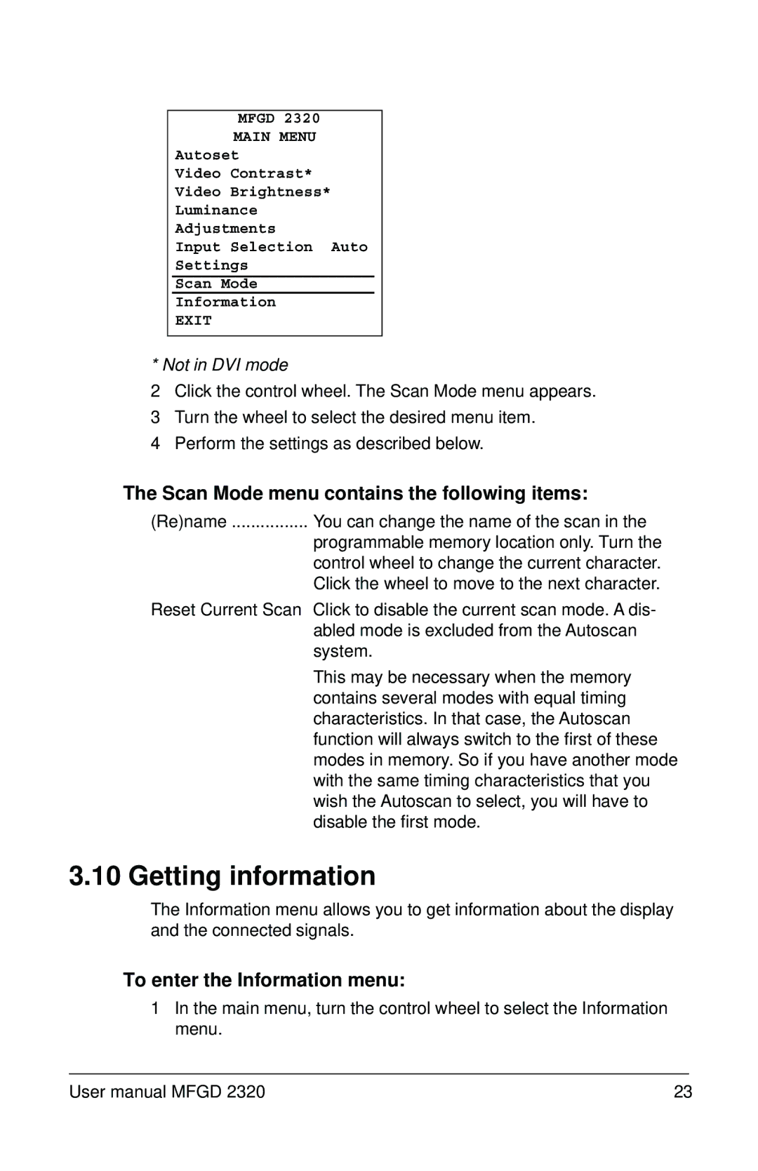 Barco MFGD 2320 user manual Getting information, Scan Mode menu contains the following items, To enter the Information menu 