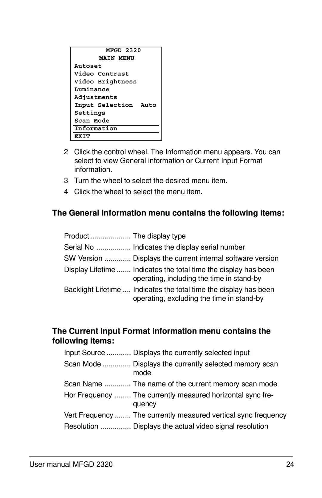 Barco MFGD 2320 user manual General Information menu contains the following items 