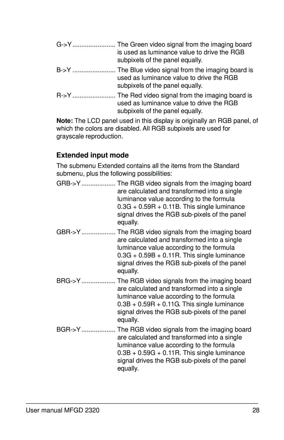 Barco MFGD 2320 user manual Extended input mode, Grb-Y 