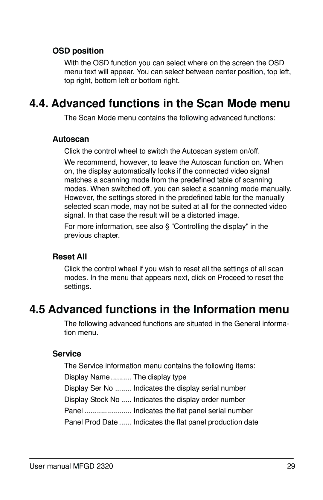 Barco MFGD 2320 Advanced functions in the Scan Mode menu, Advanced functions in the Information menu, OSD position 