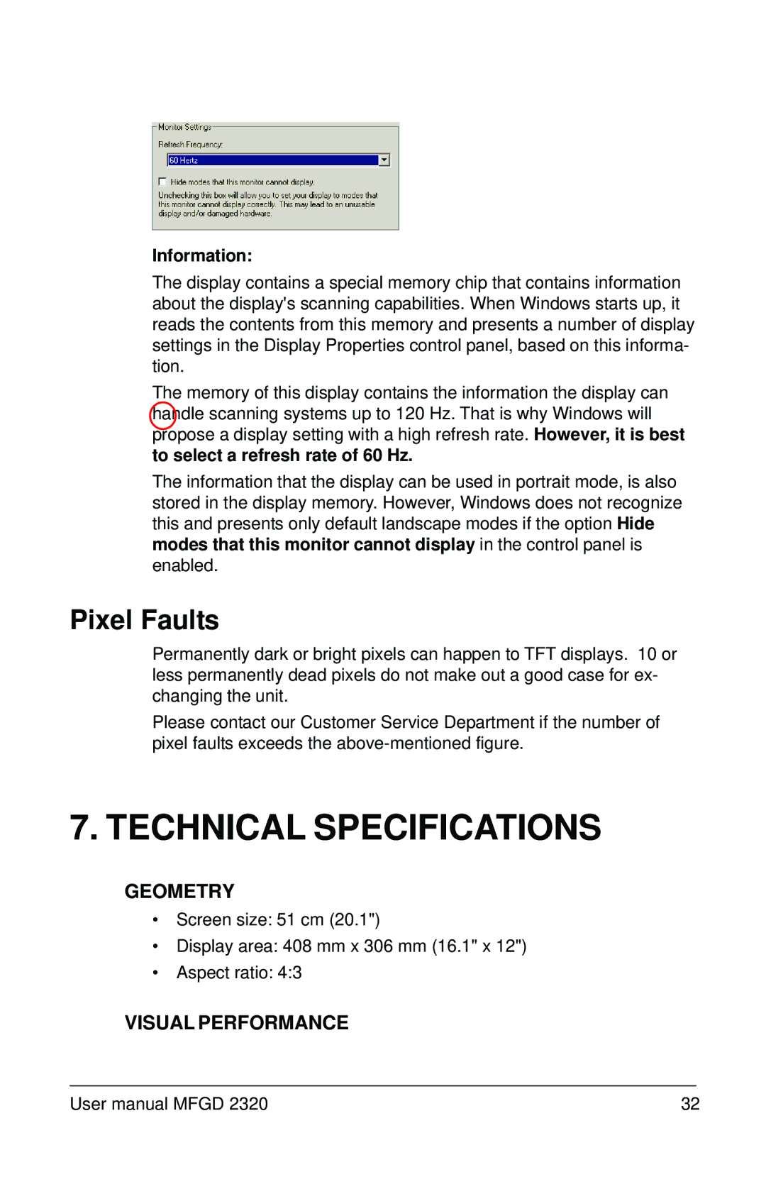 Barco MFGD 2320 user manual Technical Specifications, Pixel Faults 