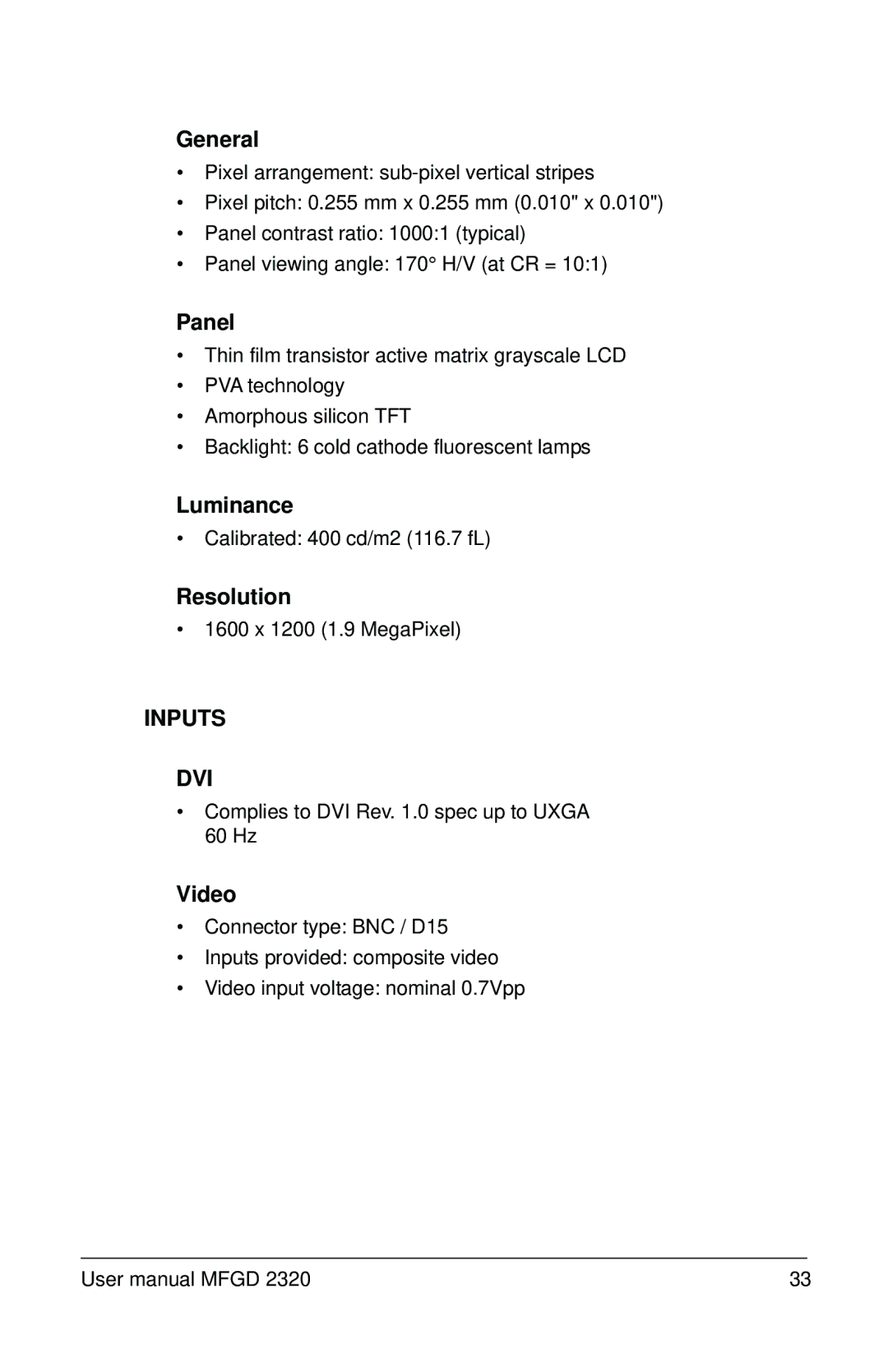 Barco MFGD 2320 user manual General, Luminance, Resolution, Video 