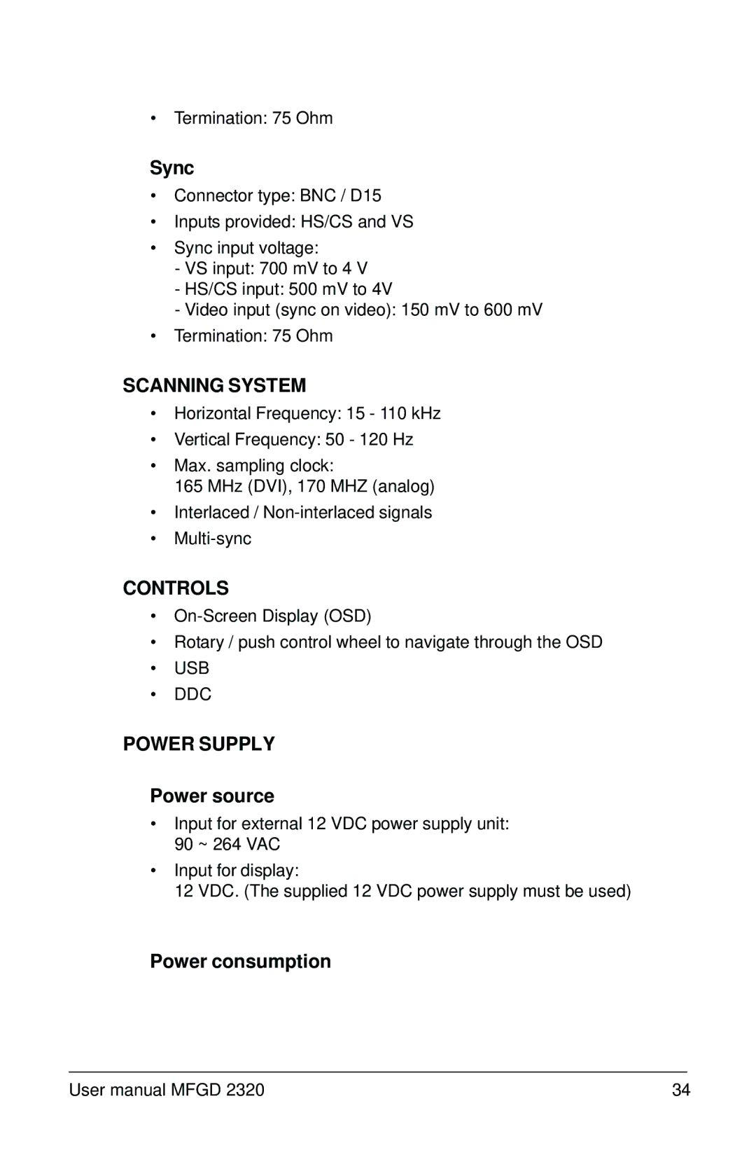 Barco MFGD 2320 user manual Sync, Power source, Power consumption 