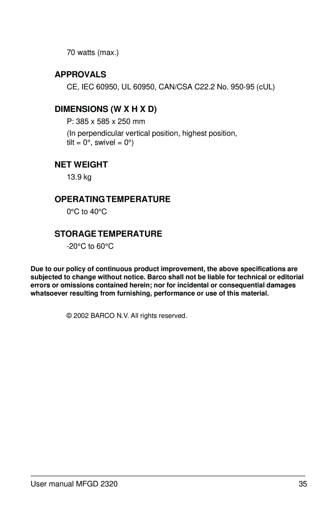 Barco MFGD 2320 user manual Approvals 