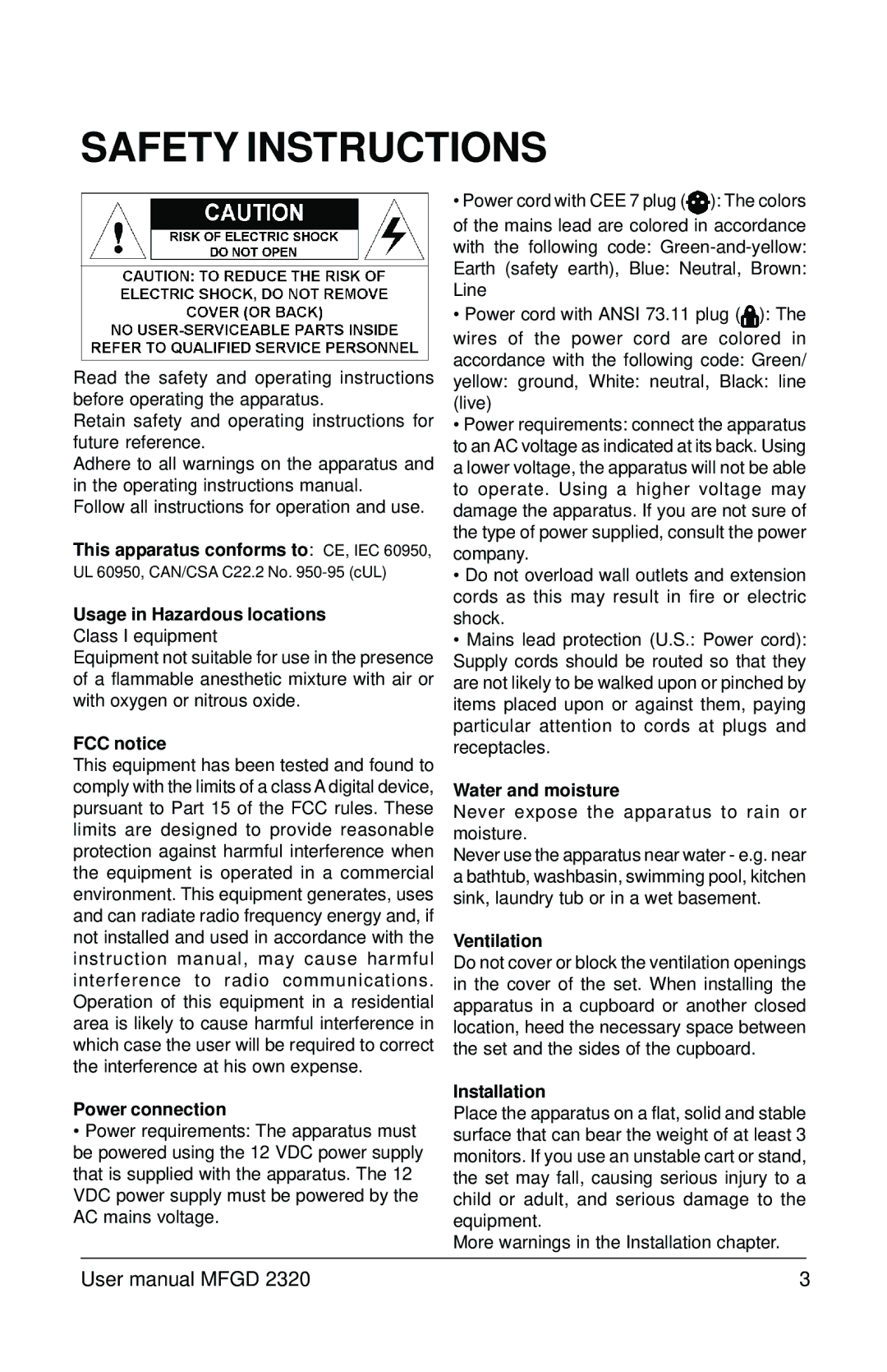 Barco MFGD 2320 user manual Safety Instructions, Usage in Hazardous locations 