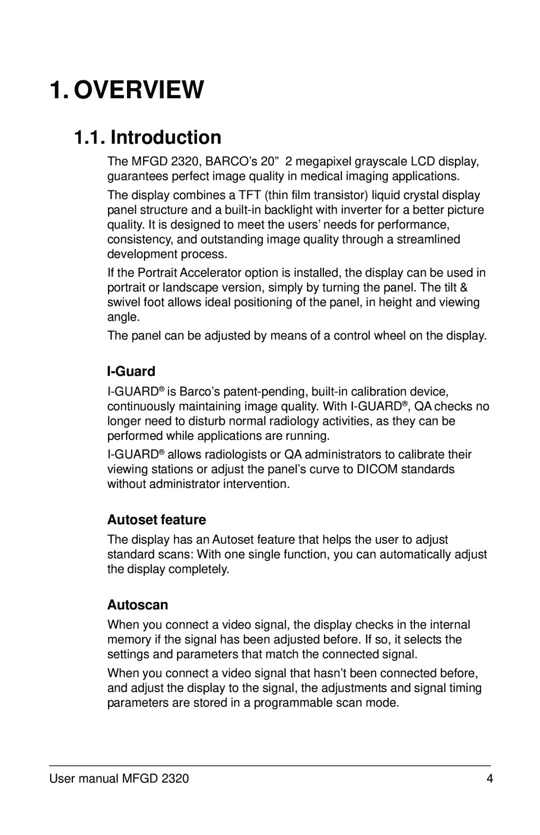 Barco MFGD 2320 user manual Overview, Introduction, Guard, Autoset feature, Autoscan 