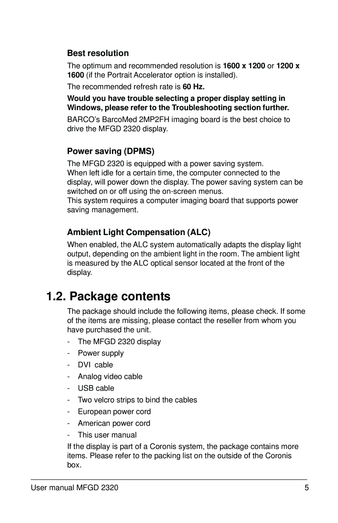 Barco MFGD 2320 user manual Package contents 