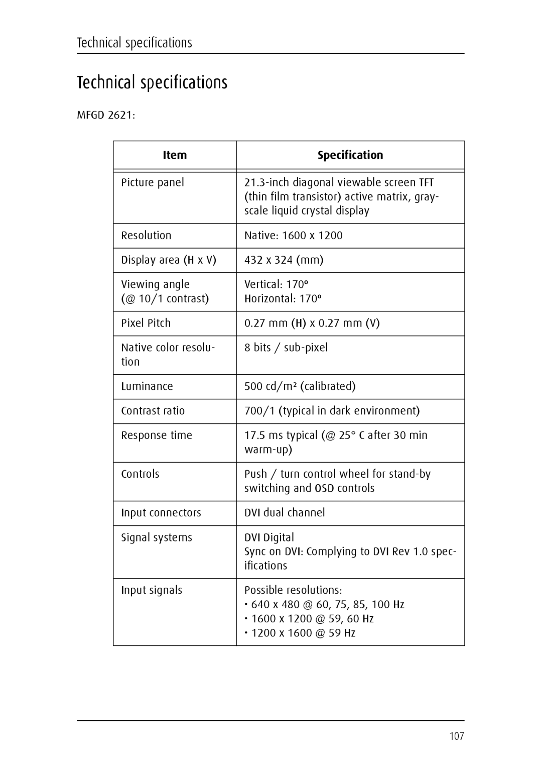 Barco MFGD 3621, MFGD 2621 user manual Technical specifications 