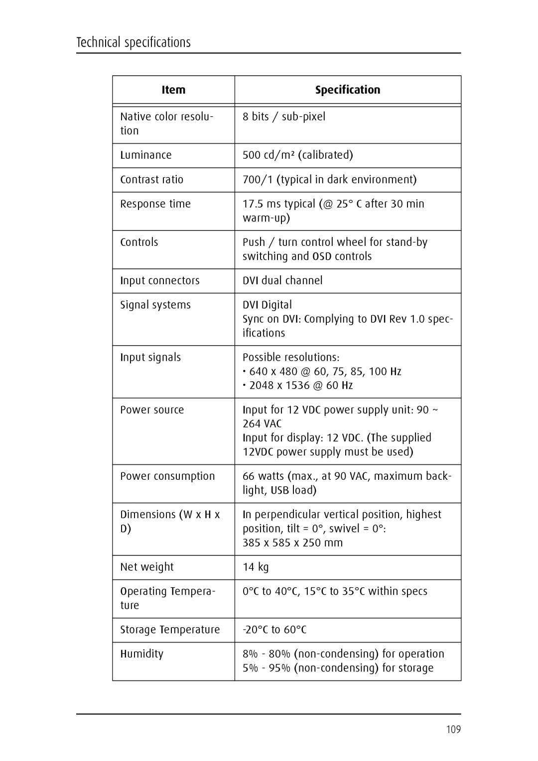 Barco MFGD 3621, MFGD 2621 user manual Technical specifications 