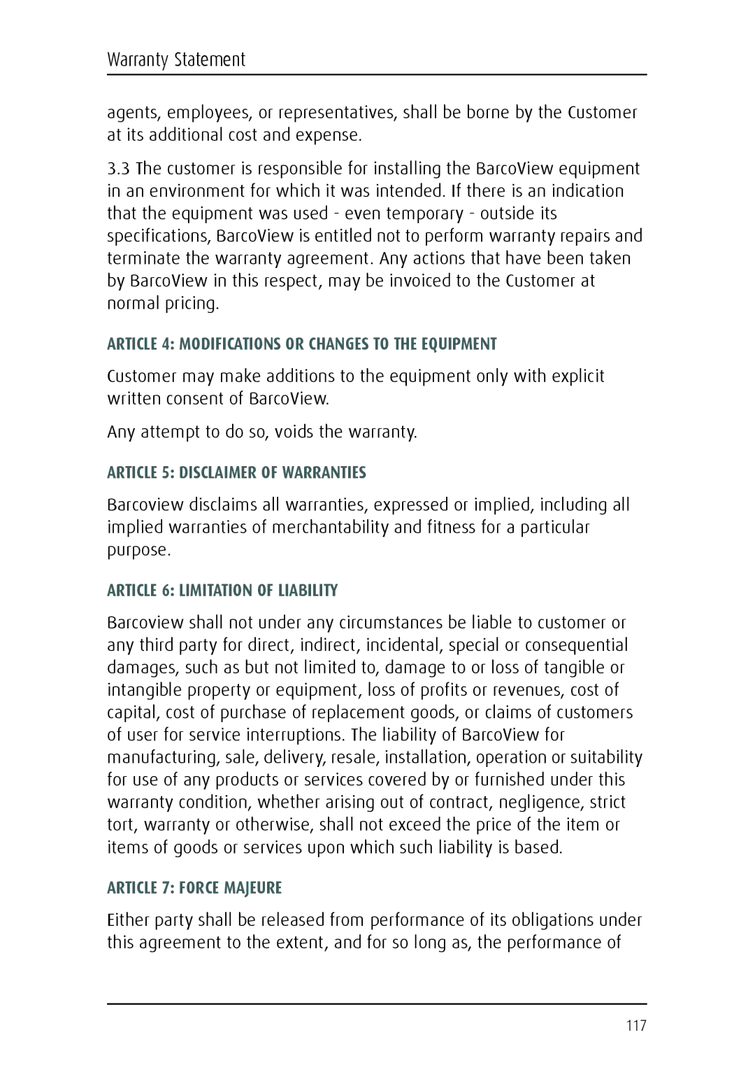 Barco MFGD 3621, MFGD 2621 user manual Article 4 Modifications or Changes to the Equipment 