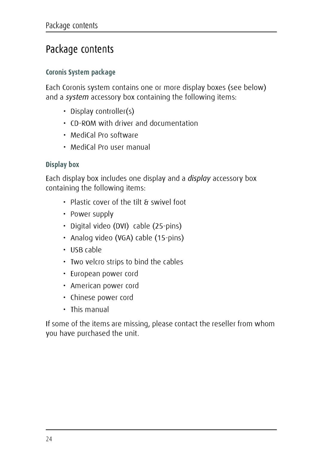 Barco MFGD 2621, MFGD 3621 user manual Package contents 