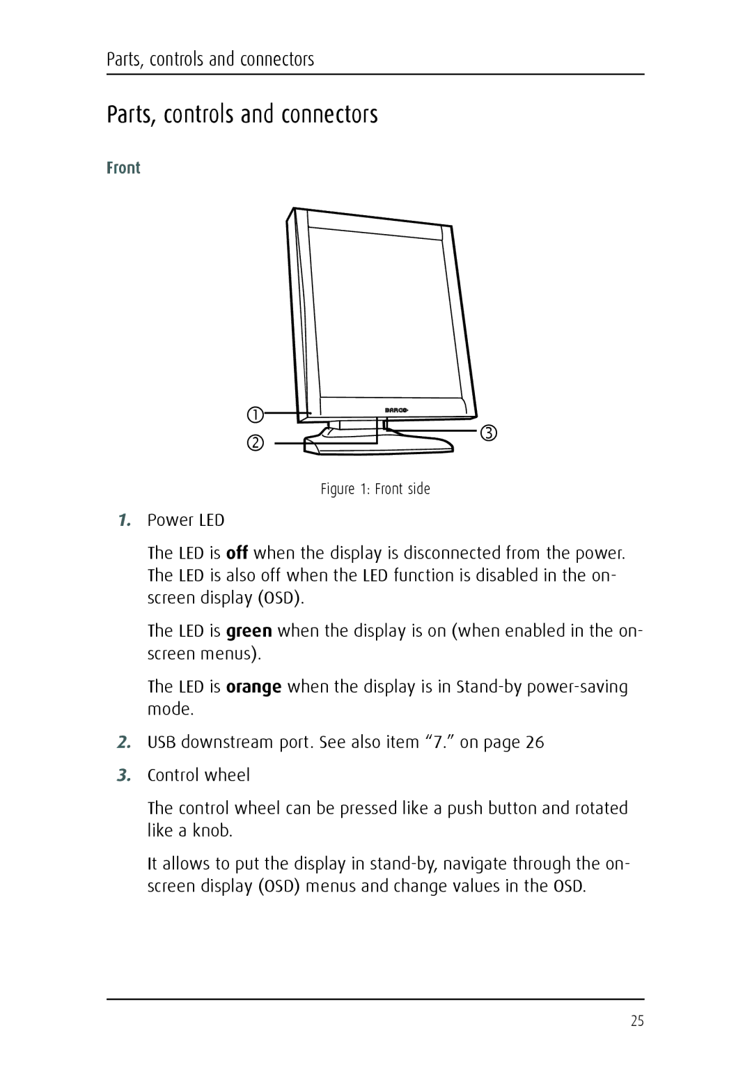 Barco MFGD 3621, MFGD 2621 user manual Parts, controls and connectors, Front 