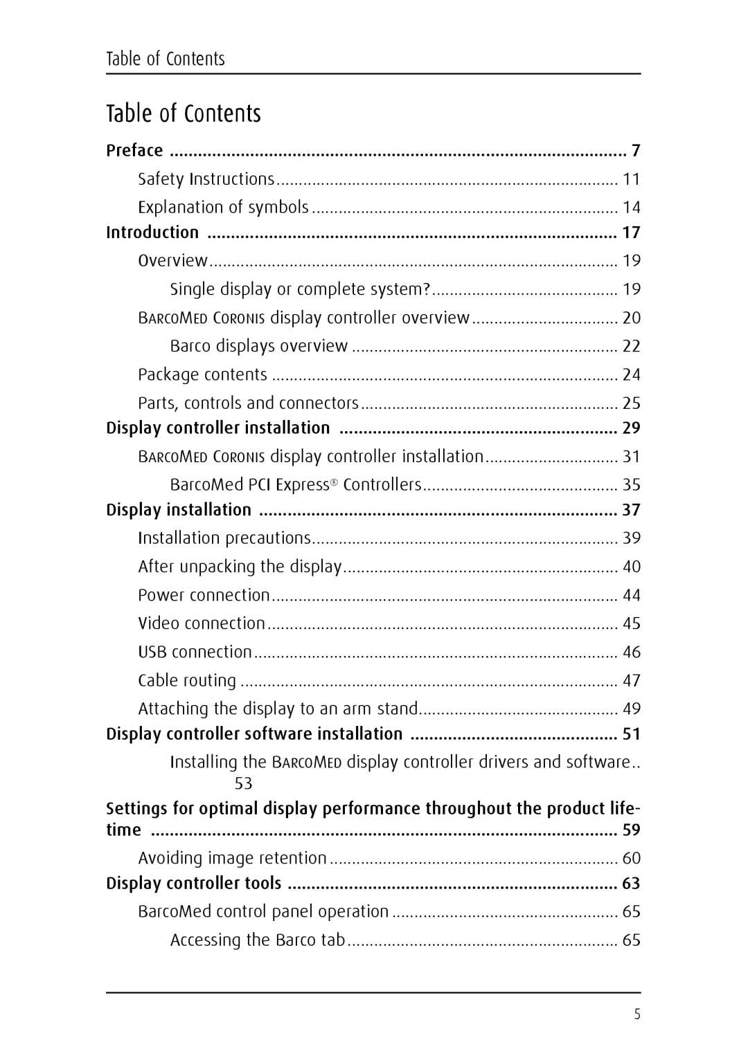 Barco MFGD 3621, MFGD 2621 user manual Table of Contents 