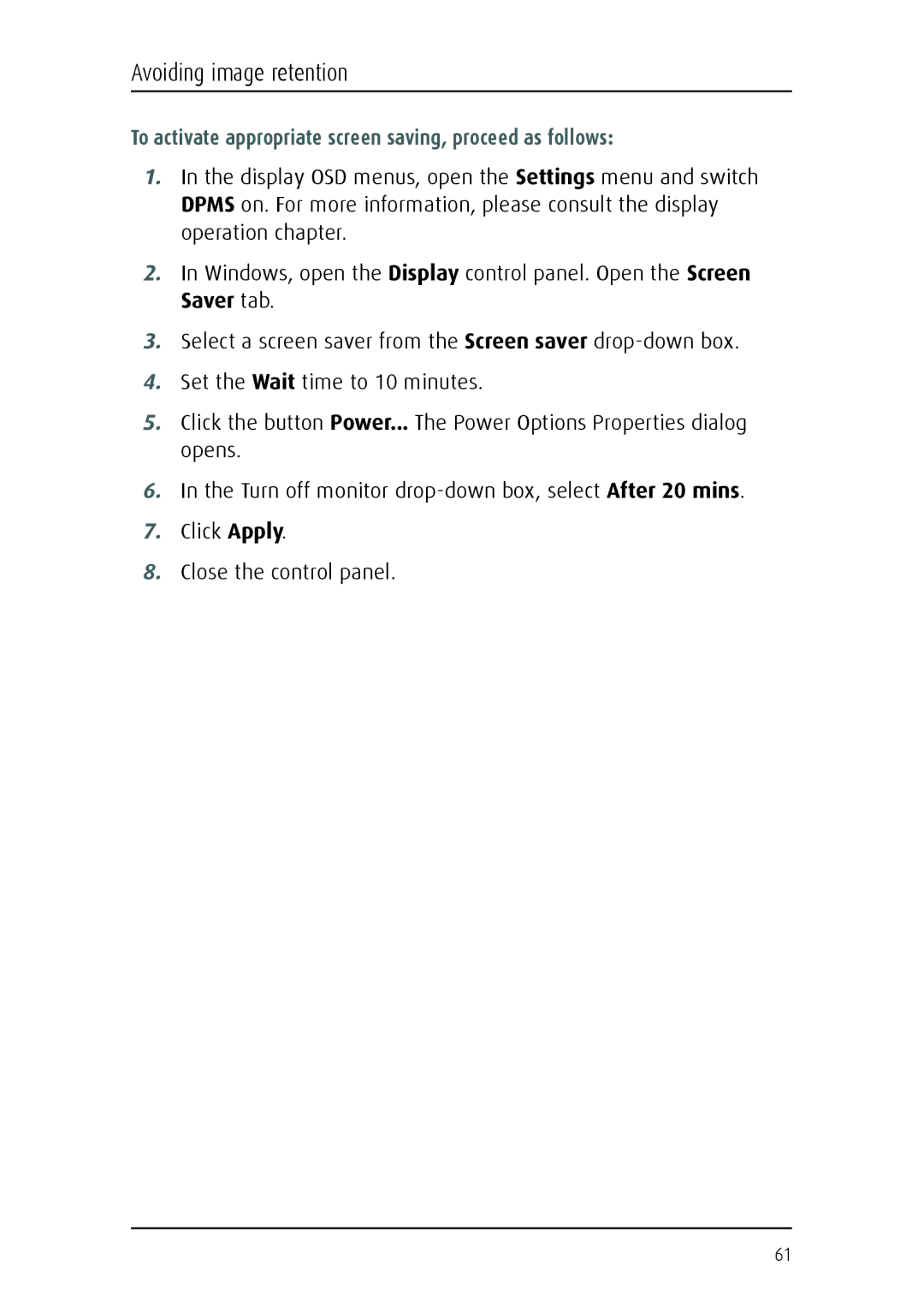 Barco MFGD 3621, MFGD 2621 user manual To activate appropriate screen saving, proceed as follows 