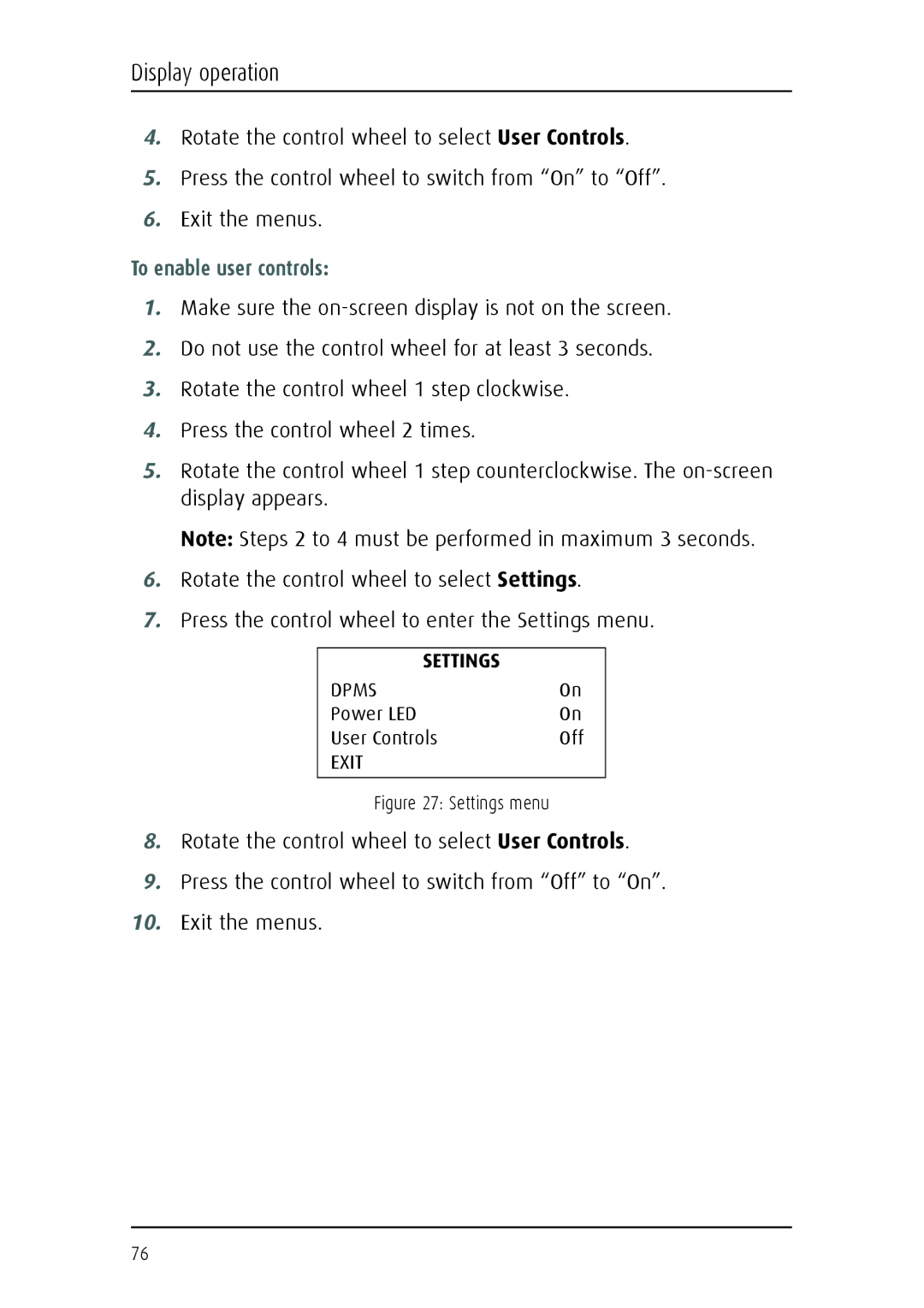 Barco MFGD 2621, MFGD 3621 user manual To enable user controls, Settings menu 