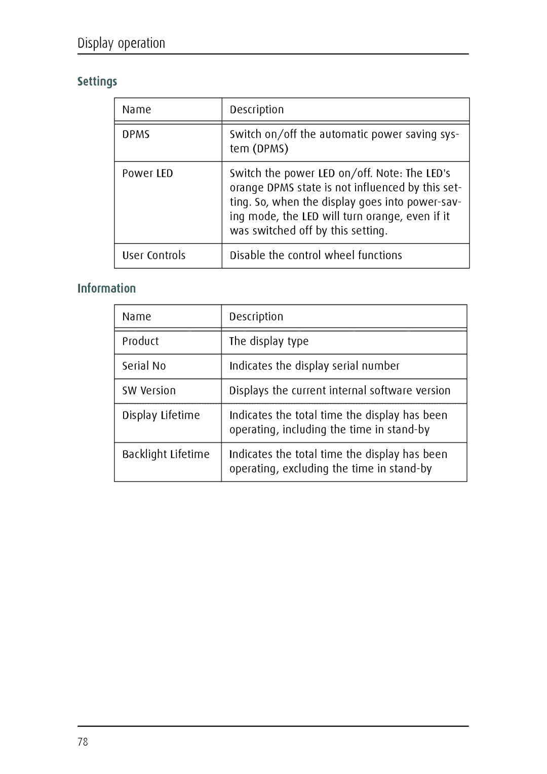 Barco MFGD 2621, MFGD 3621 user manual Settings, Information 