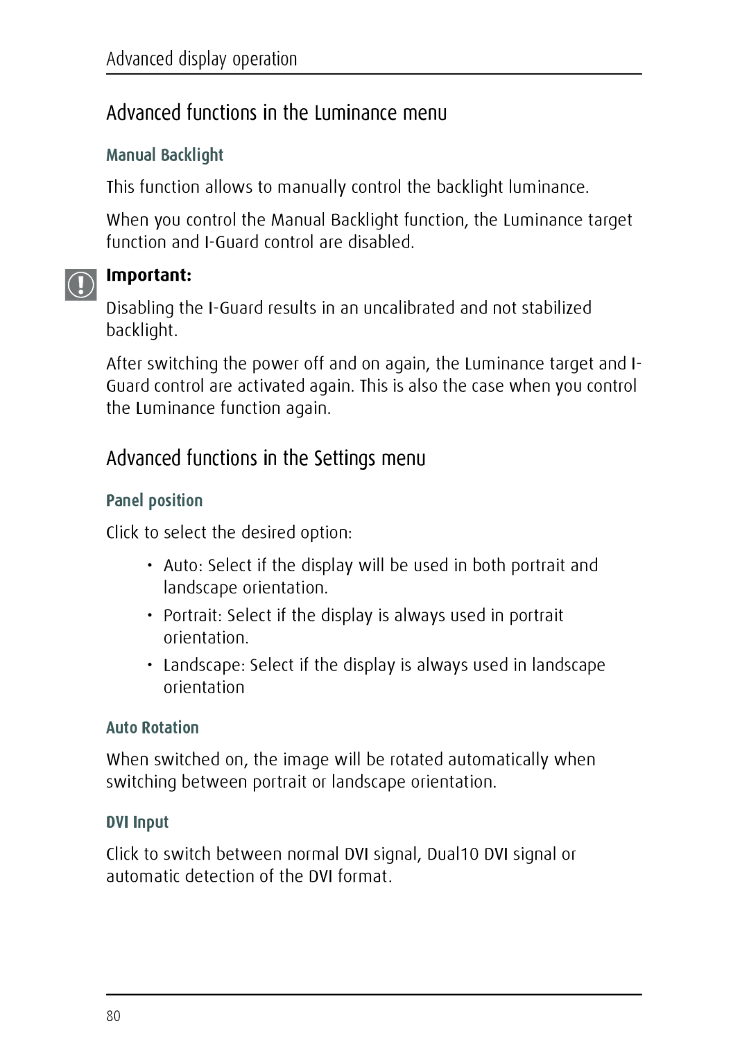 Barco MFGD 2621, MFGD 3621 user manual Advanced functions in the Luminance menu, Advanced functions in the Settings menu 