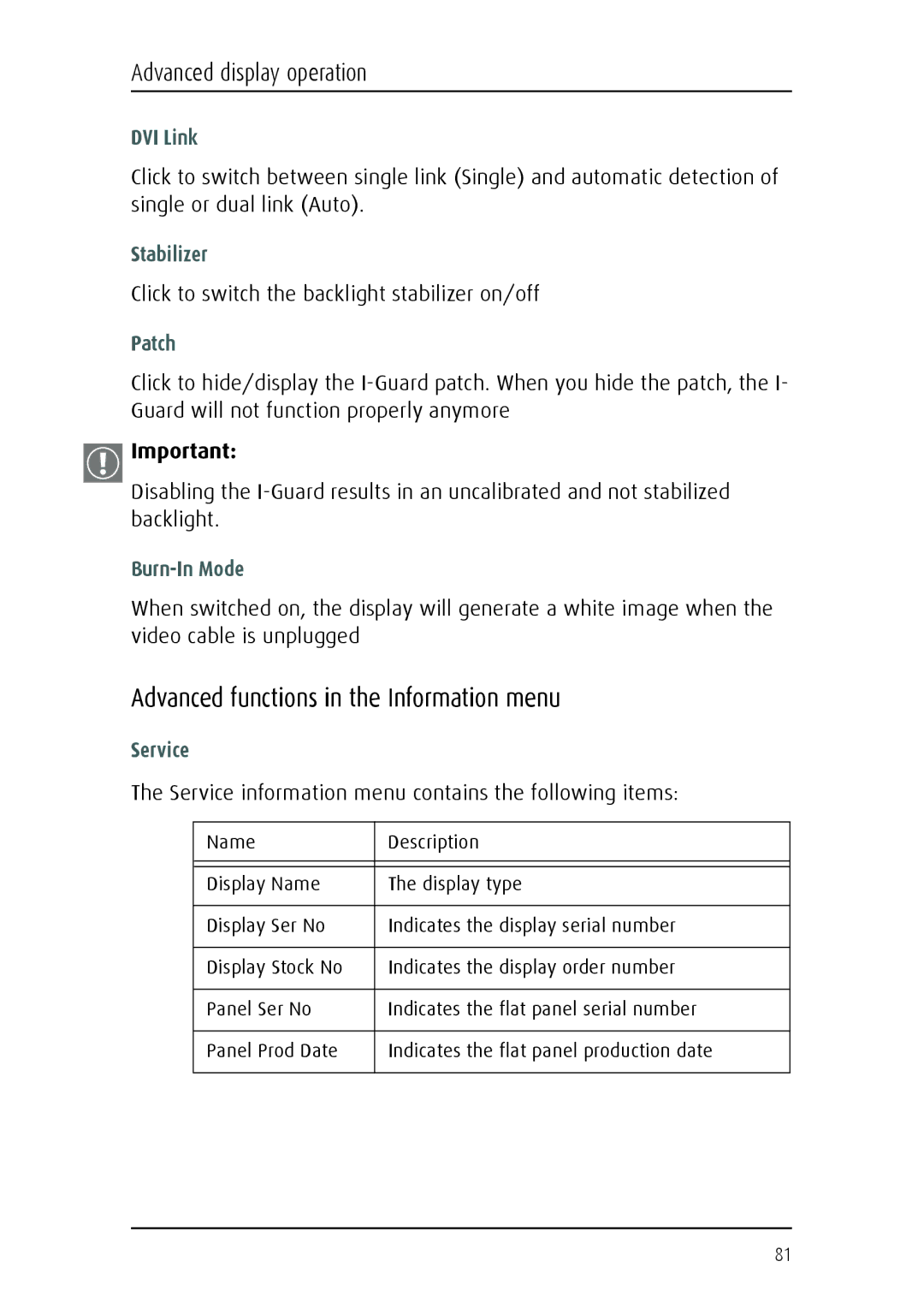 Barco MFGD 3621, MFGD 2621 user manual Advanced functions in the Information menu 