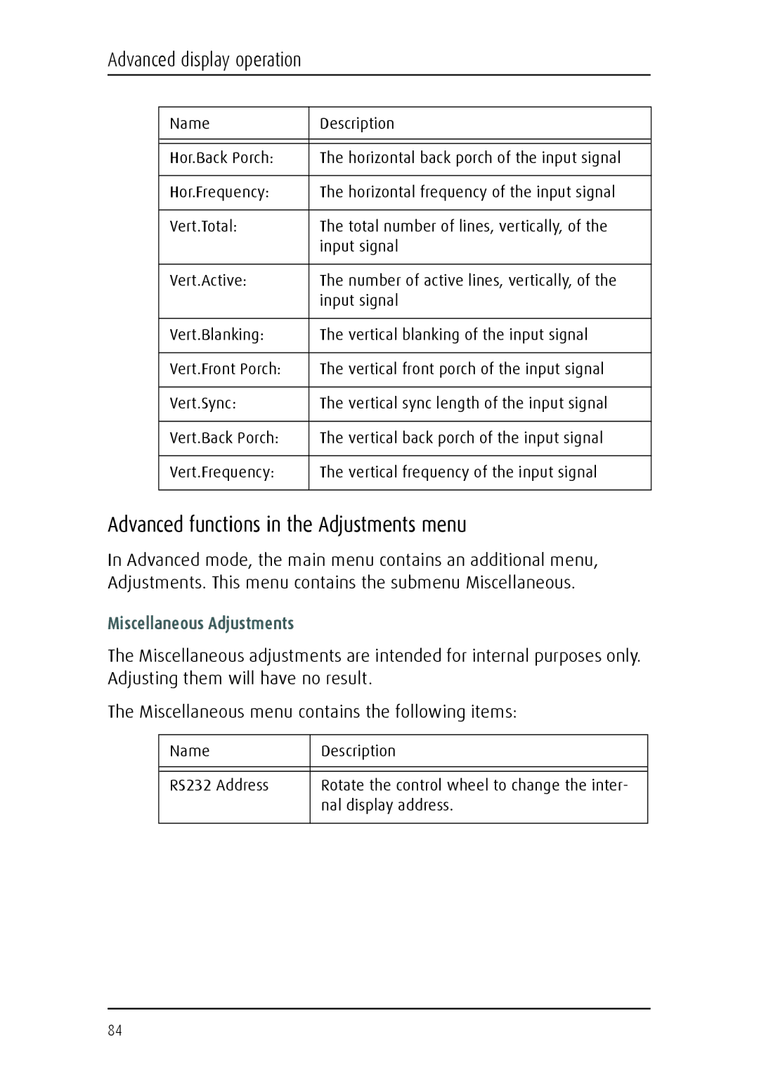 Barco MFGD 2621, MFGD 3621 user manual Advanced functions in the Adjustments menu, Miscellaneous Adjustments 