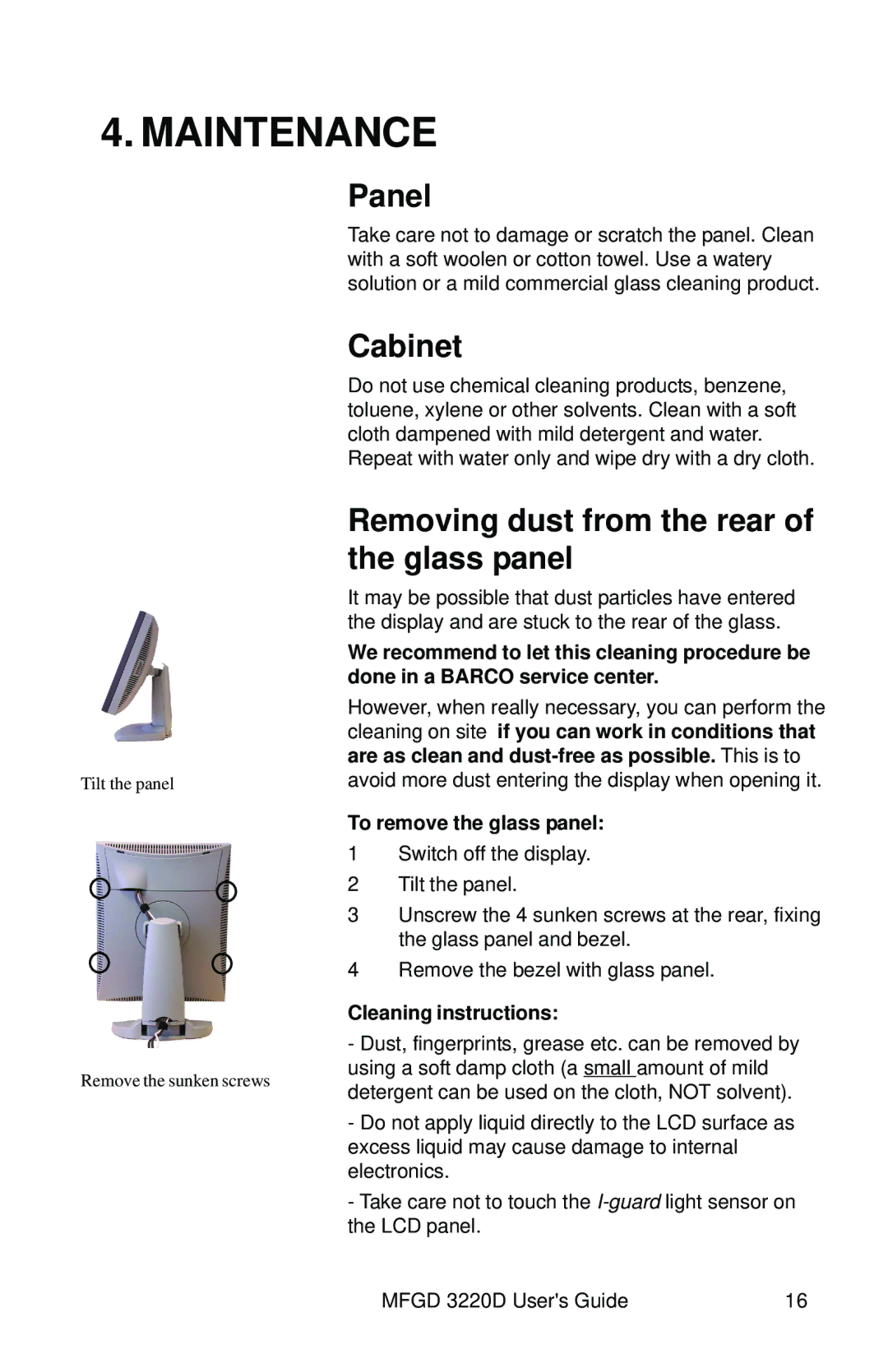 Barco MFGD 3220 D user manual Maintenance, Panel, Cabinet, Removing dust from the rear of the glass panel 