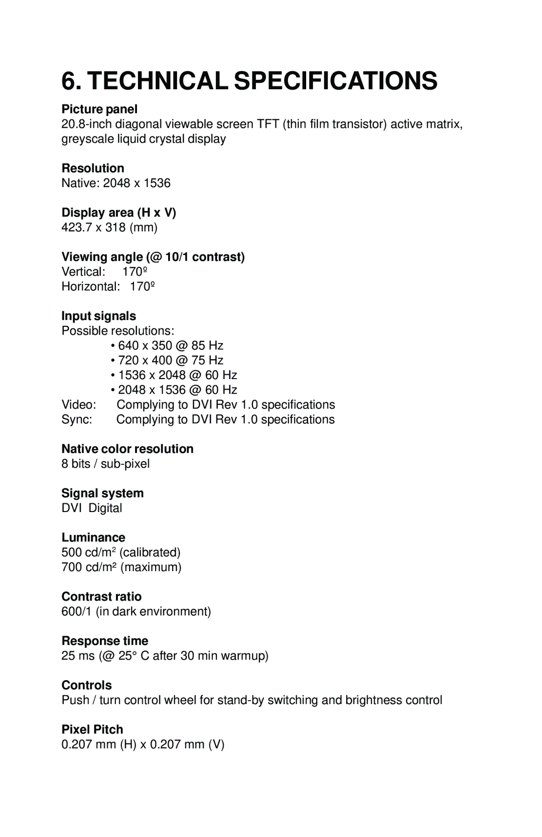 Barco MFGD 3220 D user manual Technical Specifications 