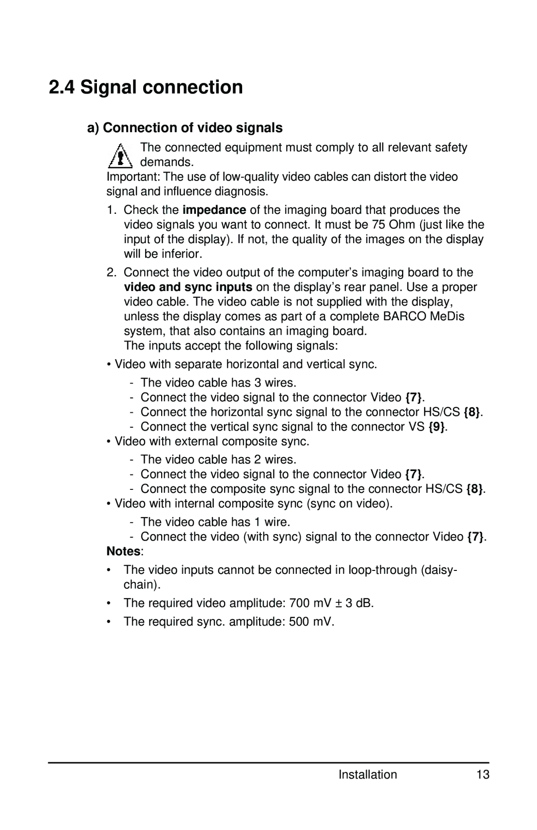 Barco MGD 221 MKII user manual Signal connection, Connection of video signals 