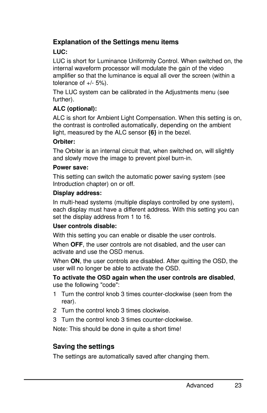 Barco MGD 221 MKII user manual Explanation of the Settings menu items, Saving the settings 