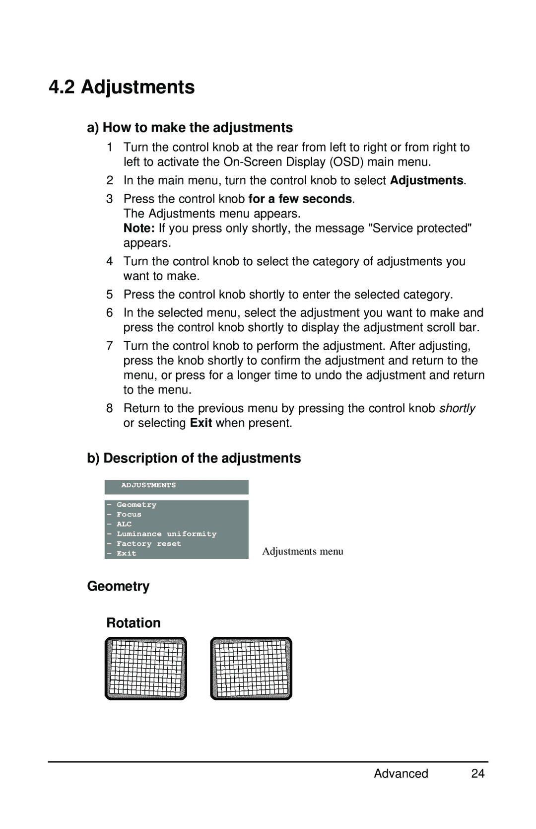 Barco MGD 221 MKII user manual Adjustments, How to make the adjustments, Description of the adjustments, Geometry Rotation 