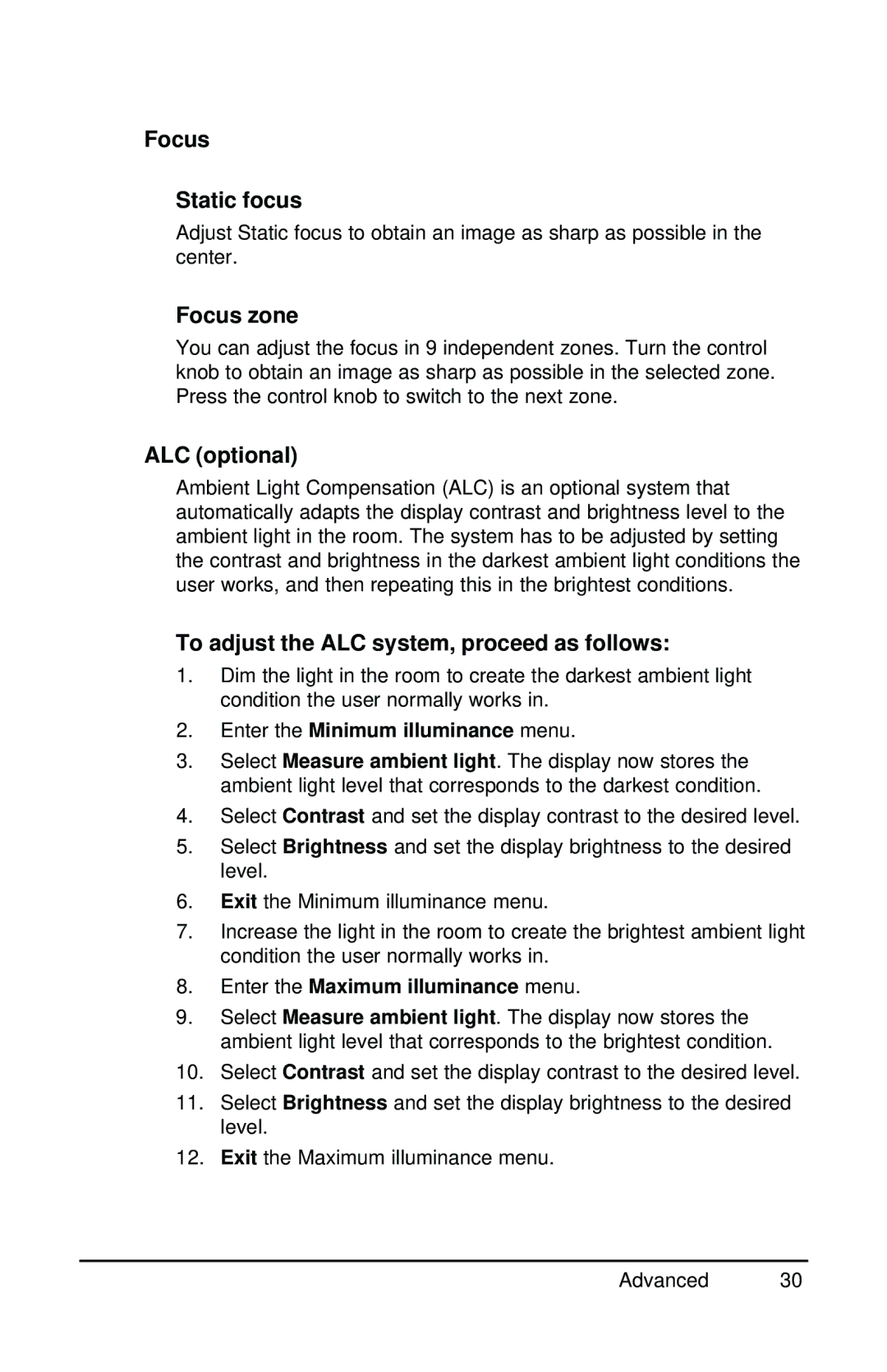 Barco MGD 221 MKII user manual Focus Static focus, Focus zone, ALC optional, To adjust the ALC system, proceed as follows 