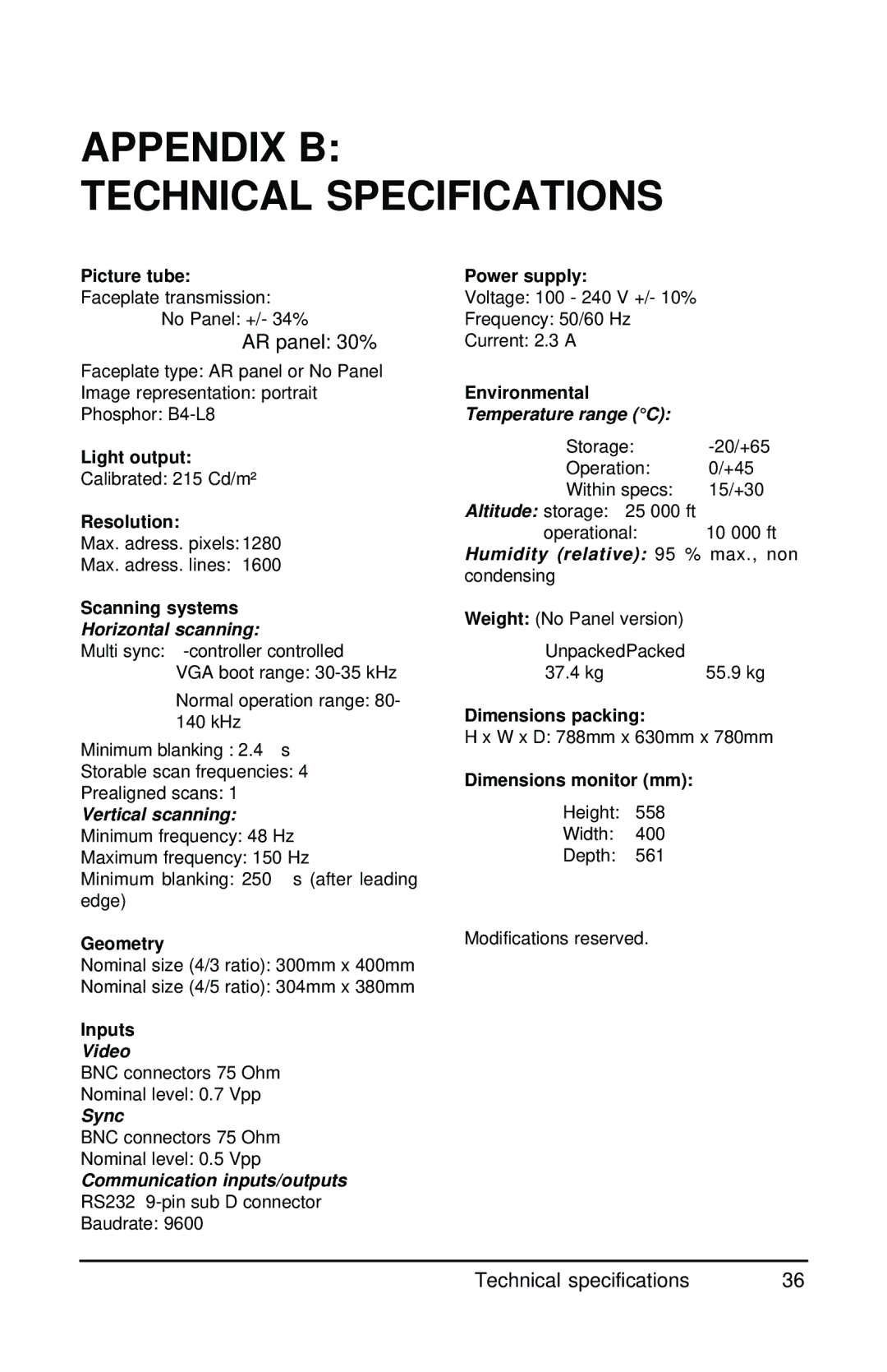 Barco MGD 221 MKII user manual Appendix B Technical Specifications, AR panel 30% 