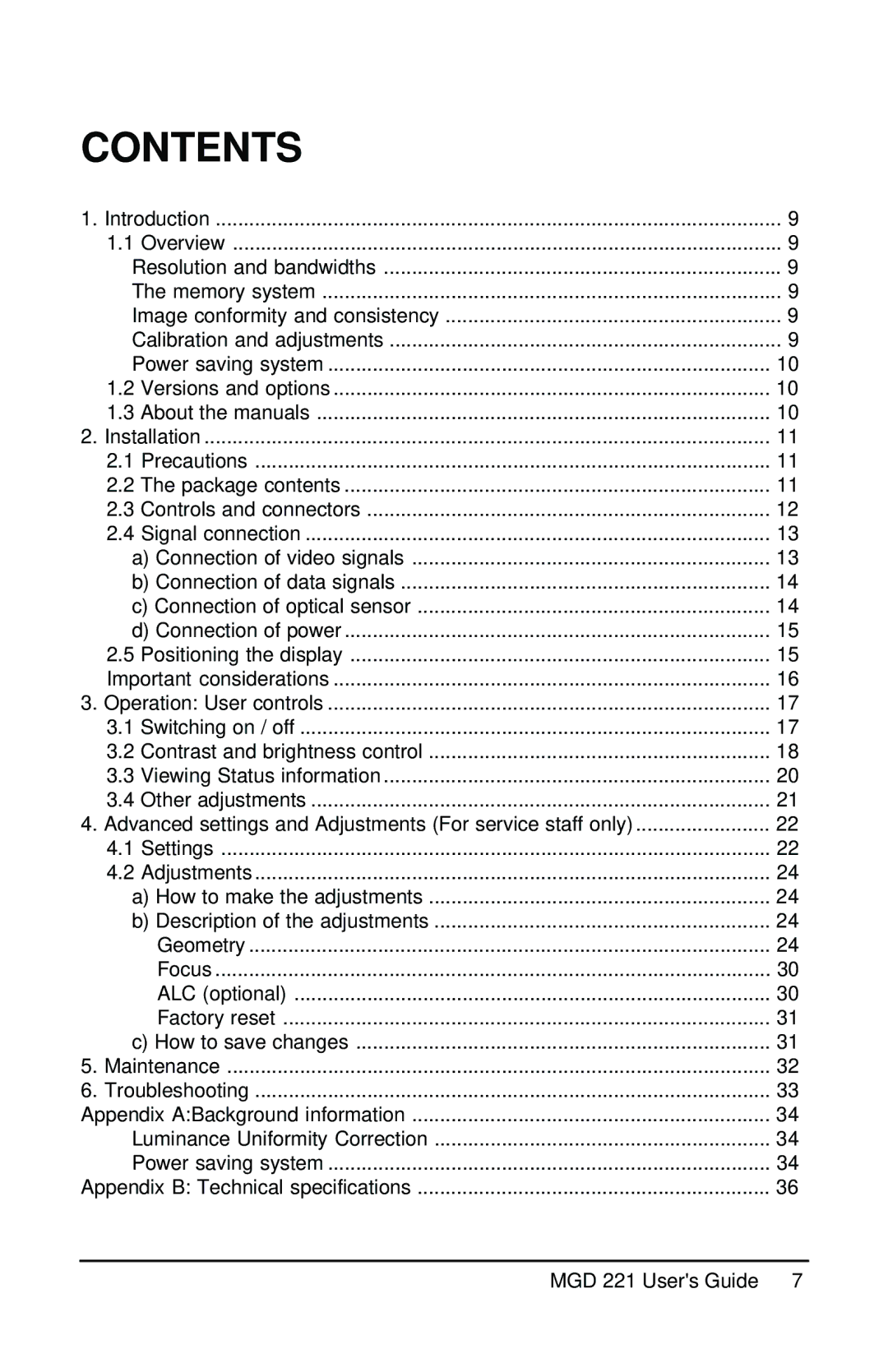 Barco MGD 221 MKII user manual Contents 