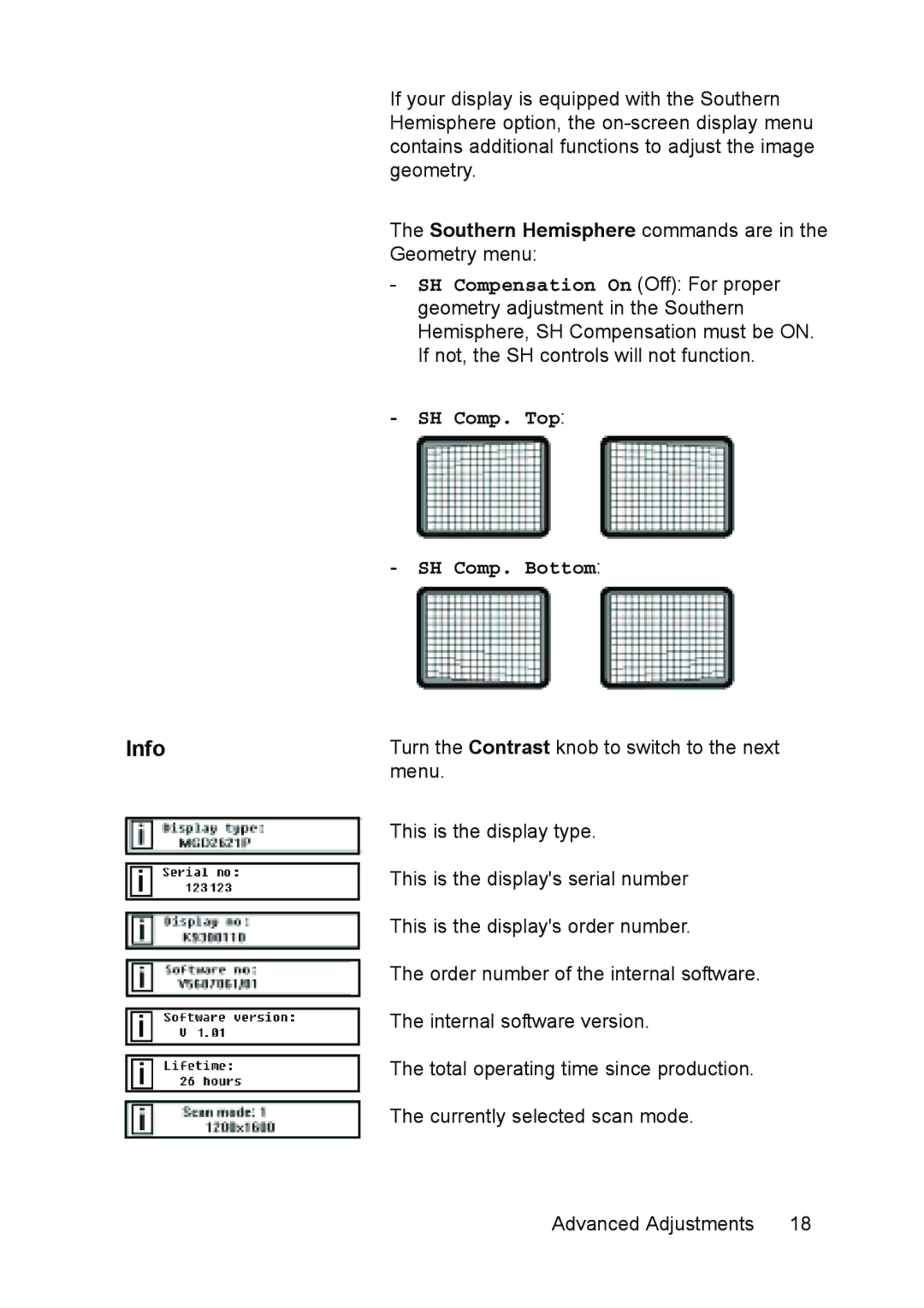 Barco MGD 2621 user manual Info, SH Comp. Top SH Comp. Bottom 