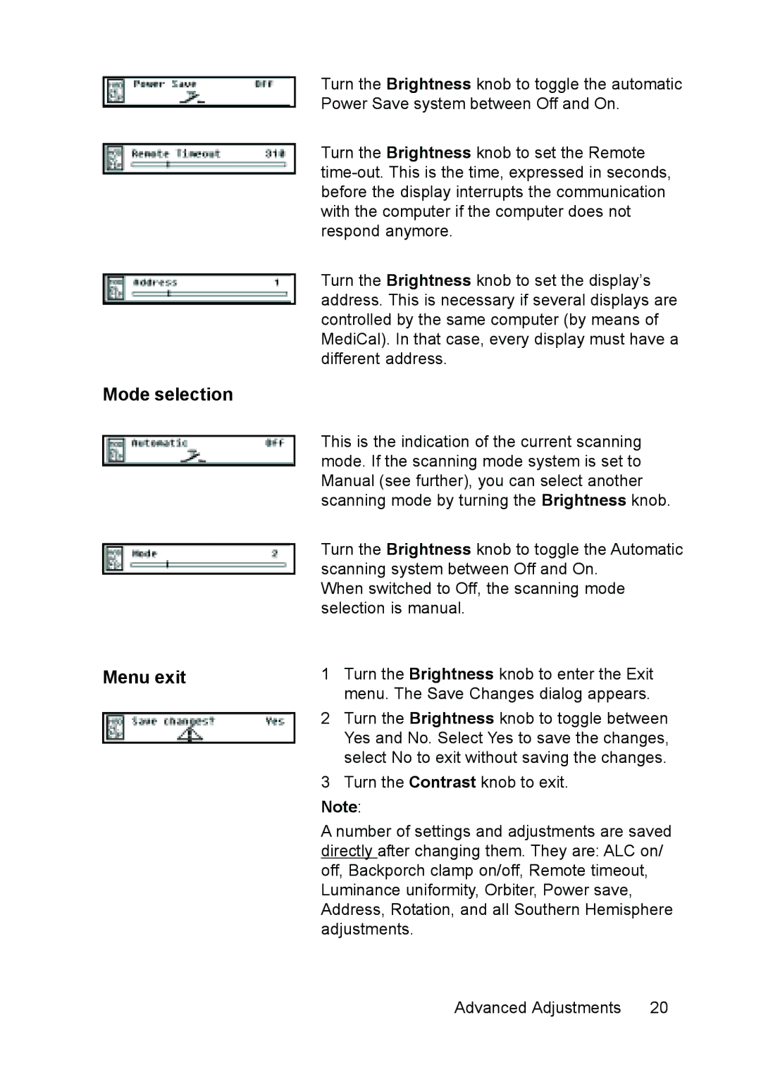 Barco MGD 2621 user manual Mode selection Menu exit 