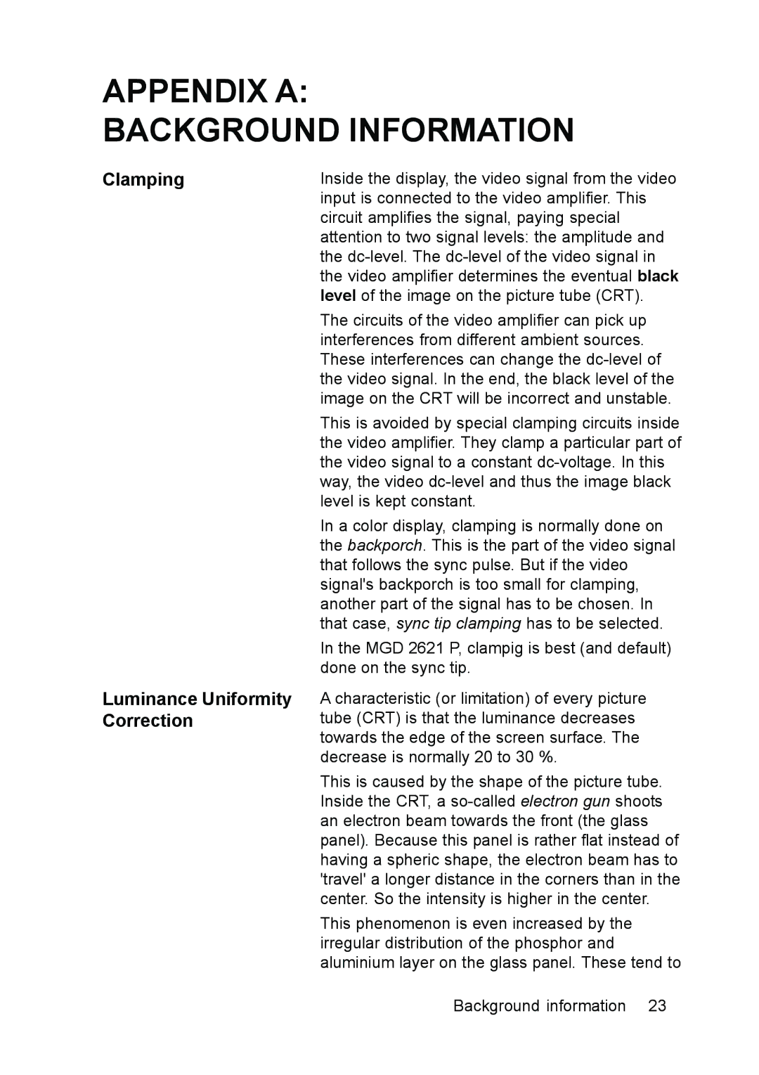 Barco MGD 2621 user manual Appendix a Background Information, Clamping Luminance Uniformity Correction 