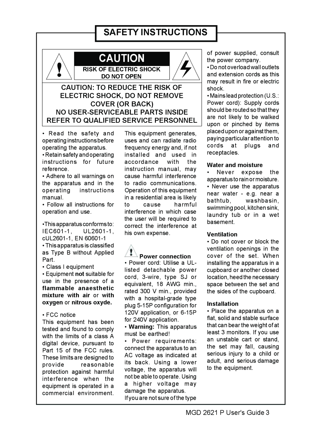 Barco MGD 2621 user manual Safety Instructions 