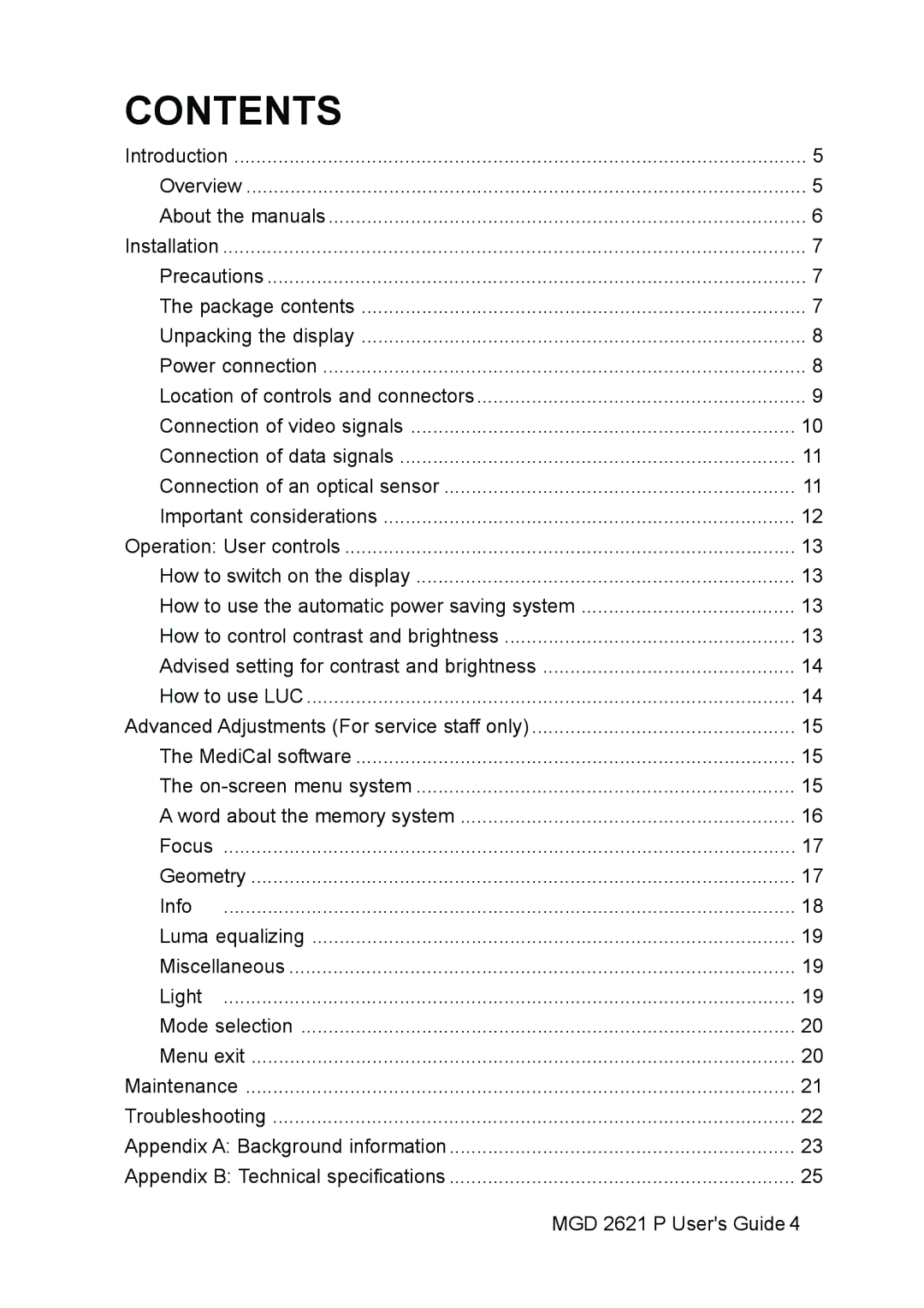 Barco MGD 2621 user manual Contents 