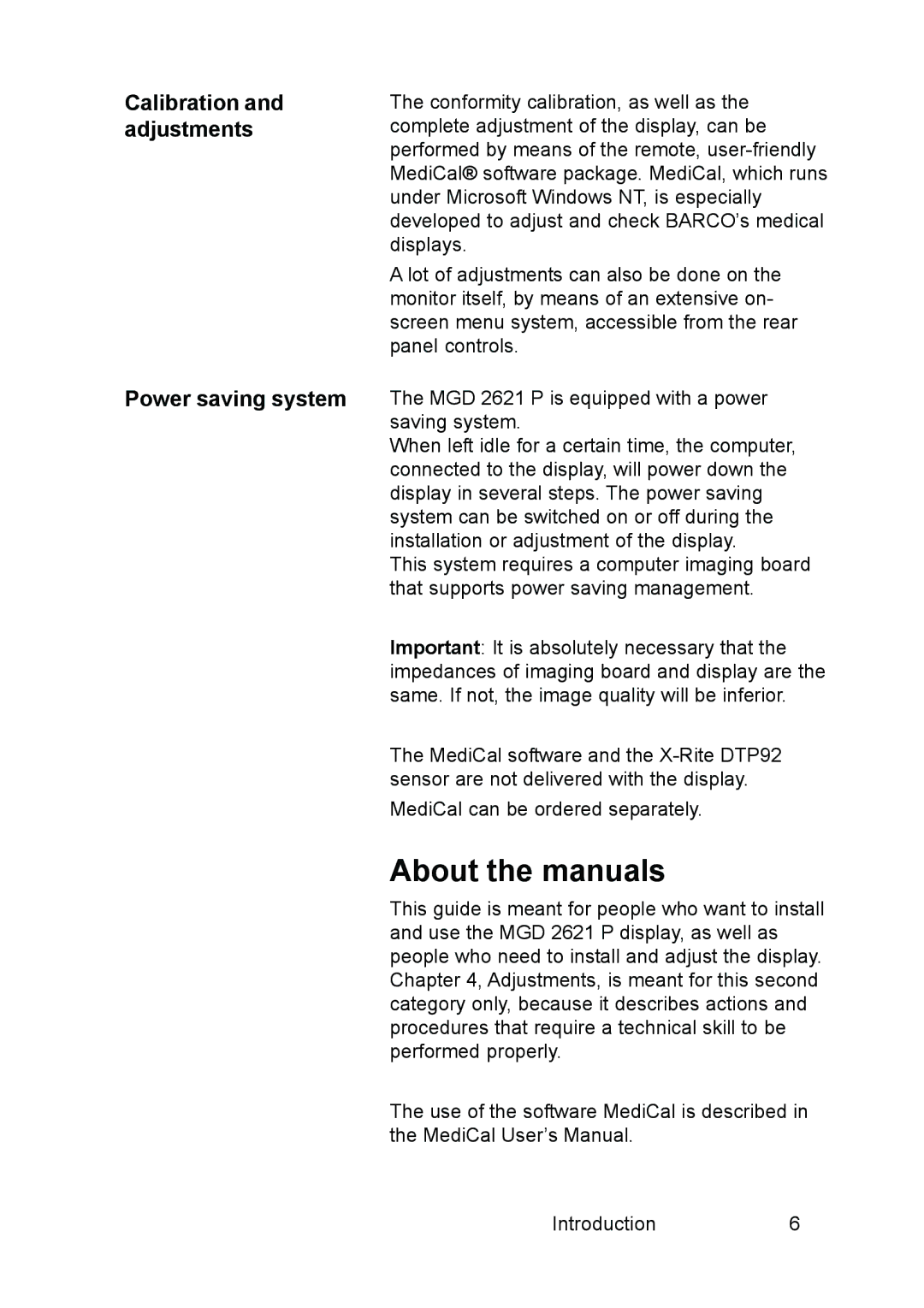 Barco MGD 2621 user manual About the manuals, Calibration and adjustments Power saving system 