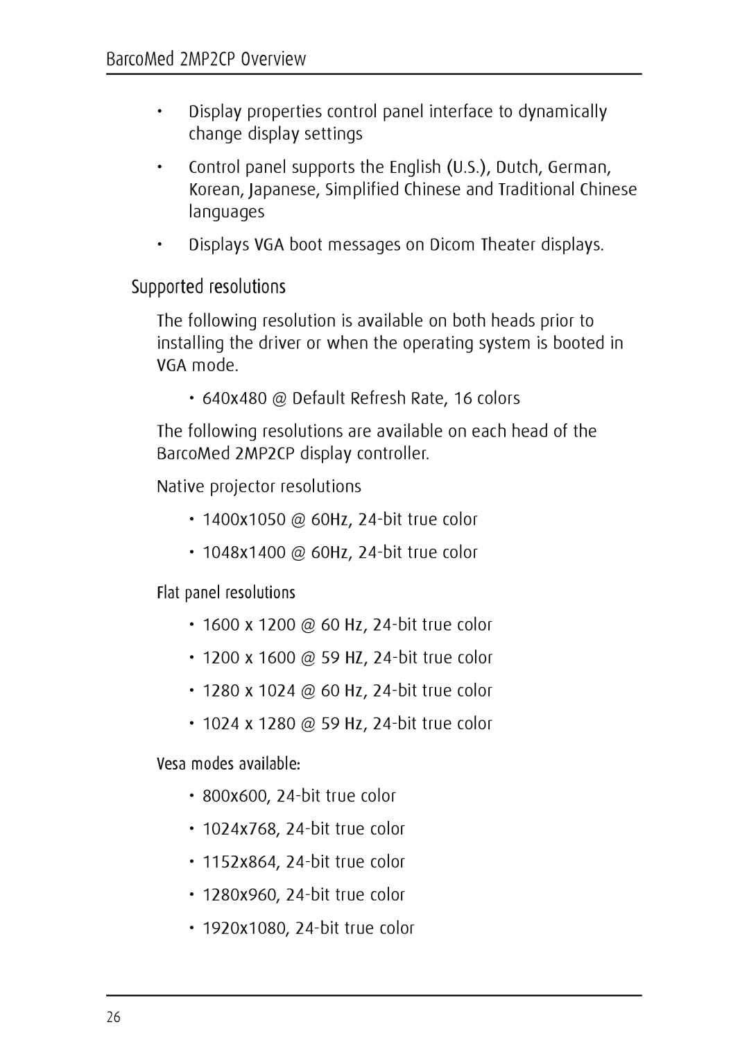 Barco MGP 15 user manual Supported resolutions 