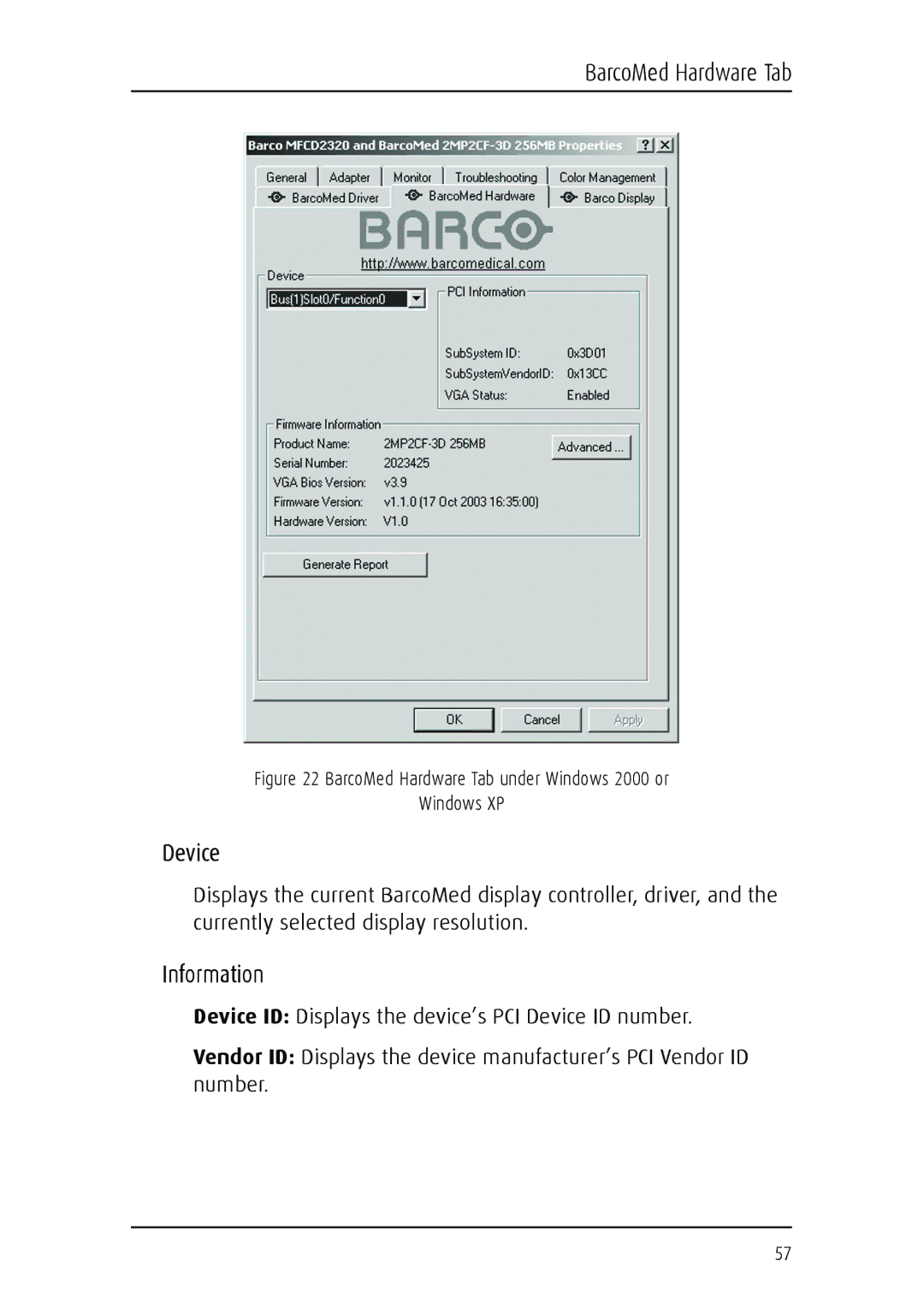 Barco MGP 15 user manual Device, Information 