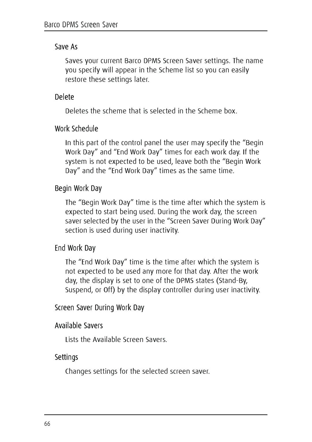 Barco MGP 15 user manual Barco Dpms Screen Saver Save As, Delete, Work Schedule, Begin Work Day, End Work Day, Settings 
