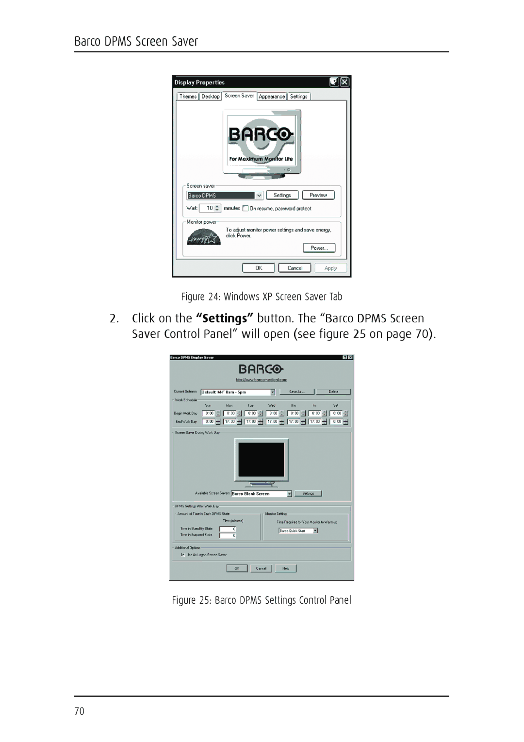 Barco MGP 15 user manual Barco Dpms Settings Control Panel 