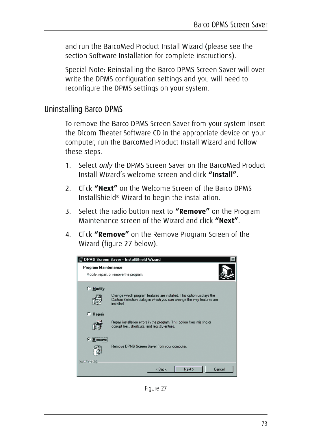 Barco MGP 15 user manual Uninstalling Barco Dpms 